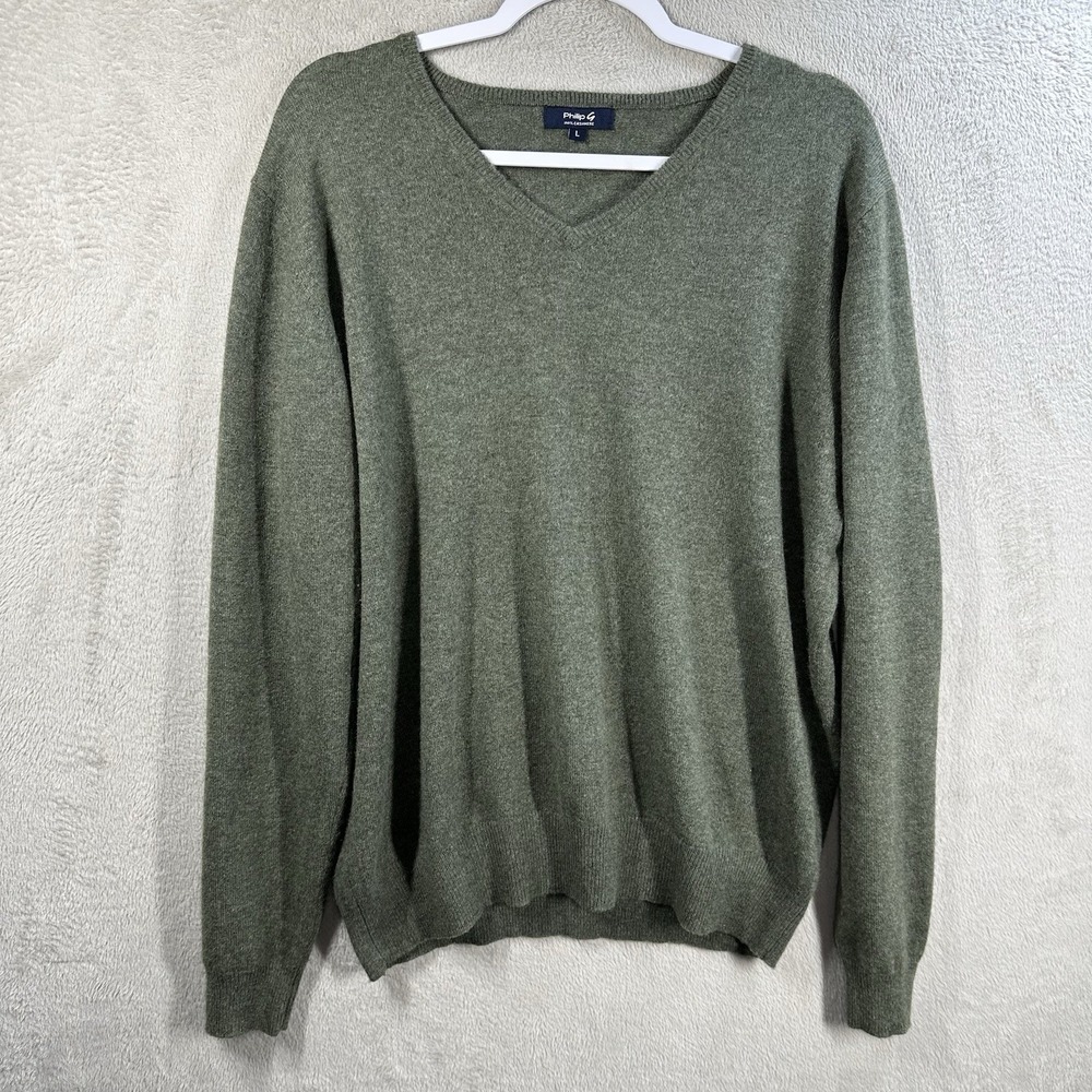 Philip G 100% Cashmere V-Neck‎ Sweater Pullover Green Men's L Old Money Preppy